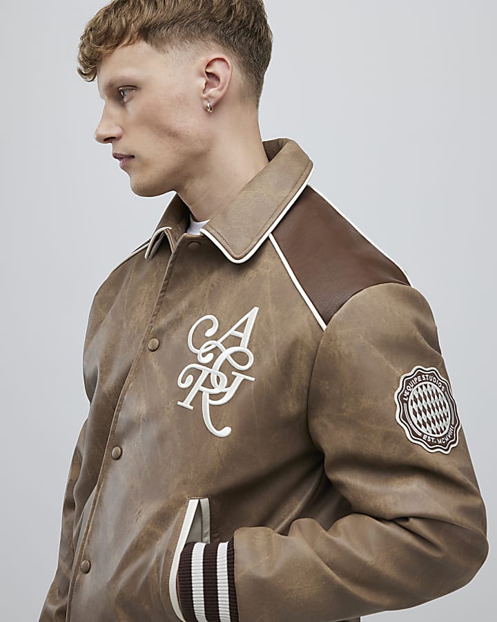 Brown Faux Leather Bomber Jacket