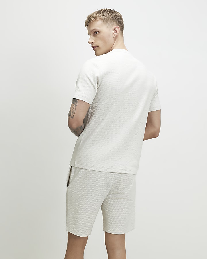 Grey Slim Fit Jacquard  Textured T-Shirt