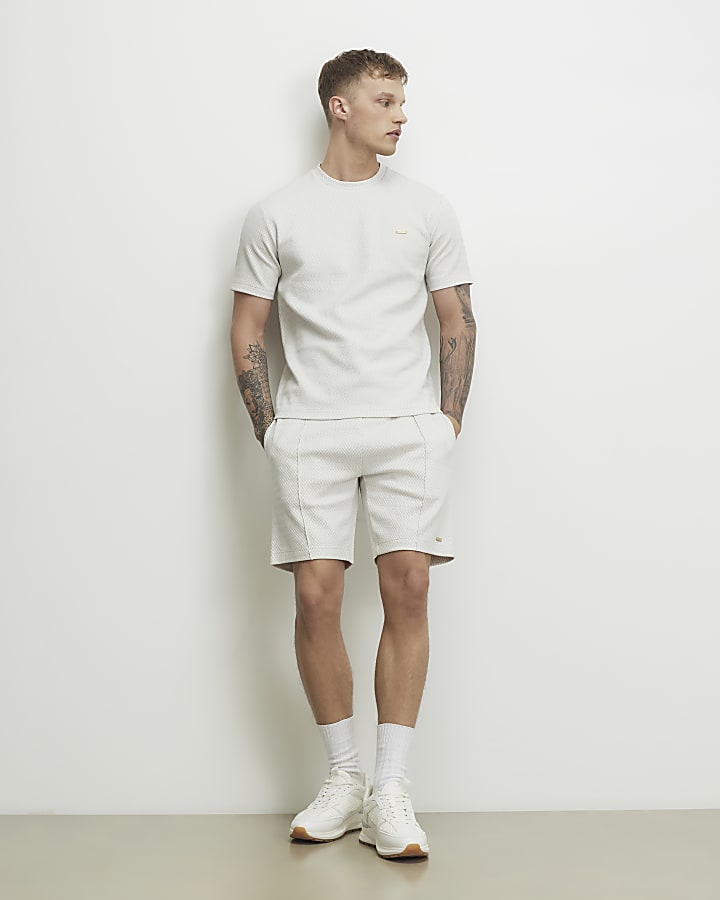 Grey Slim Fit Jacquard  Textured T-Shirt