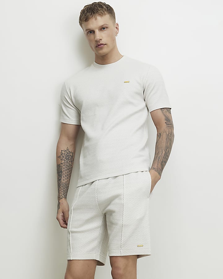 Grey Slim Fit Jacquard  Textured T-Shirt