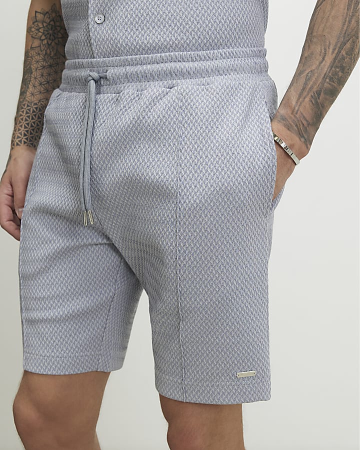 Blue Slim Fit Triangle Jacquard Shorts