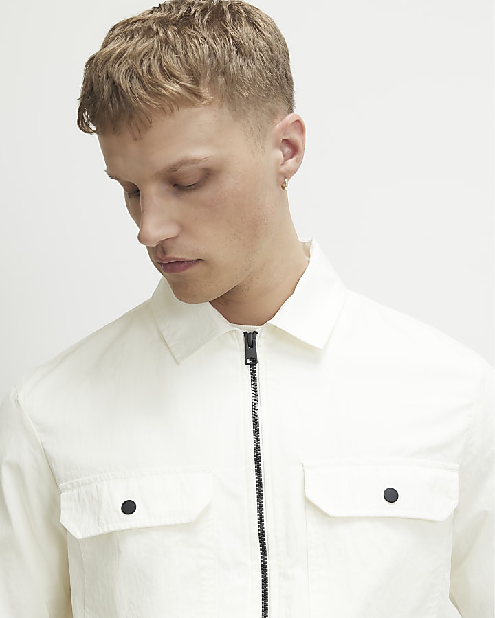 White Regular Fit Washed Utility Overshirt