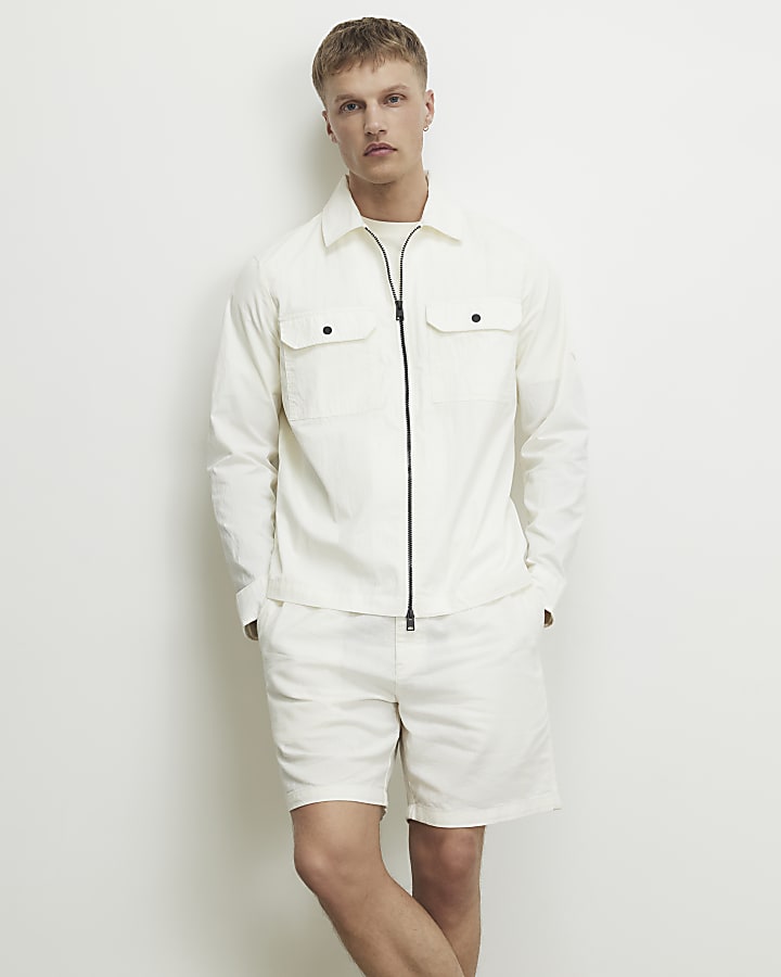 White Regular Fit Washed Utility Overshirt