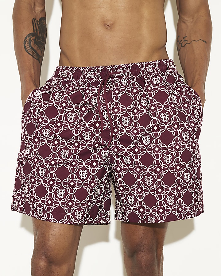 Red Regular Fit Monogram Swim Shorts