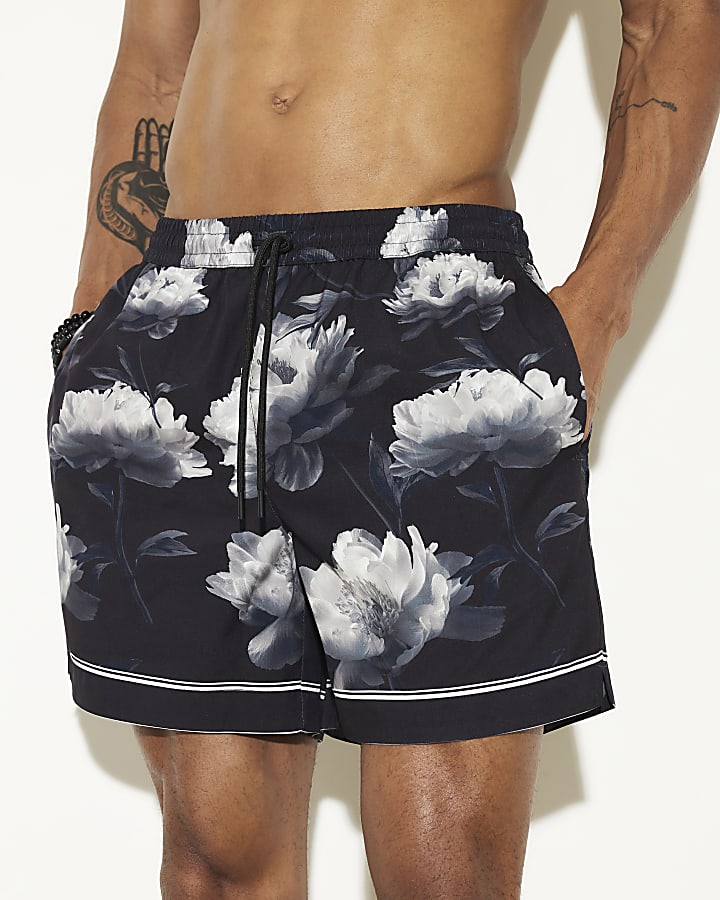 Black Regular Fit Floral Swim Shorts