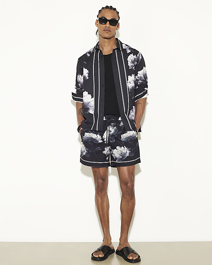 Black Regular Fit Floral Swim Shorts