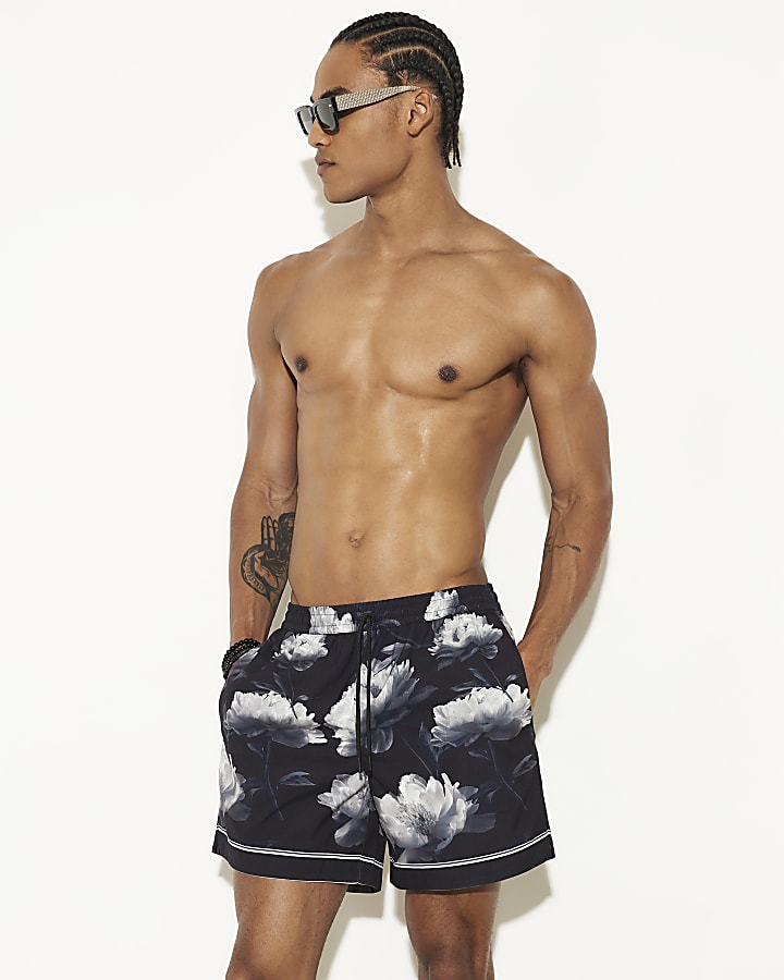 Black Regular Fit Floral Swim Shorts