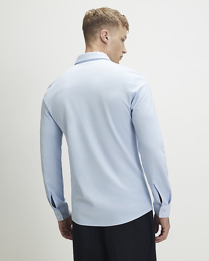Blue Muscle Fit Pique Long Sleeve Shirt