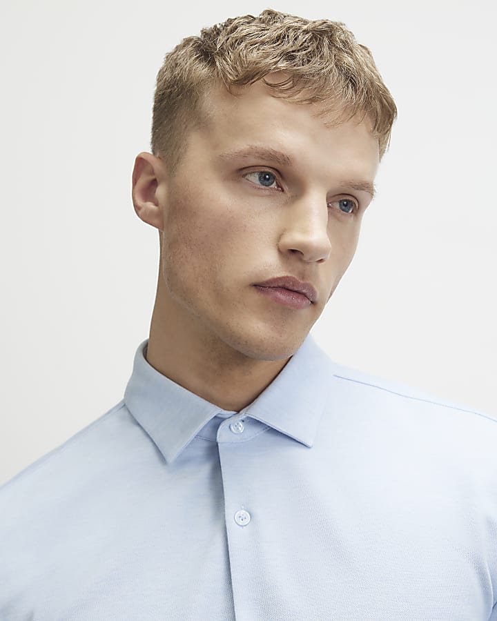 Blue Muscle Fit Pique Long Sleeve Shirt