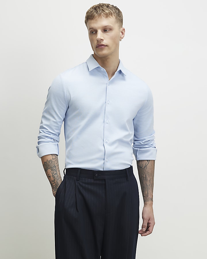 Blue Muscle Fit Pique Long Sleeve Shirt