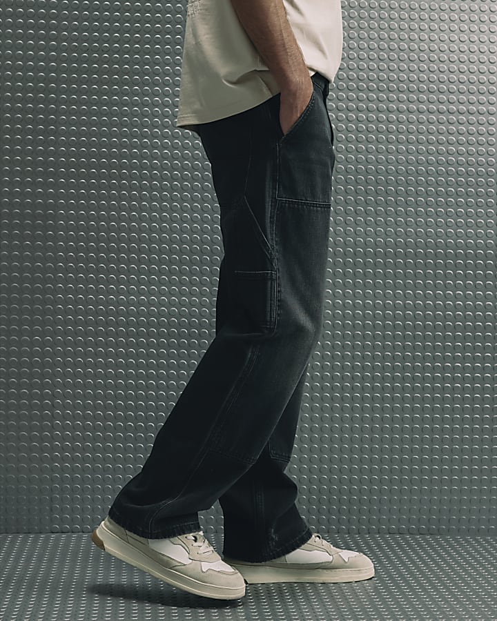 Black Loose Fit Washed Carpenter Jeans