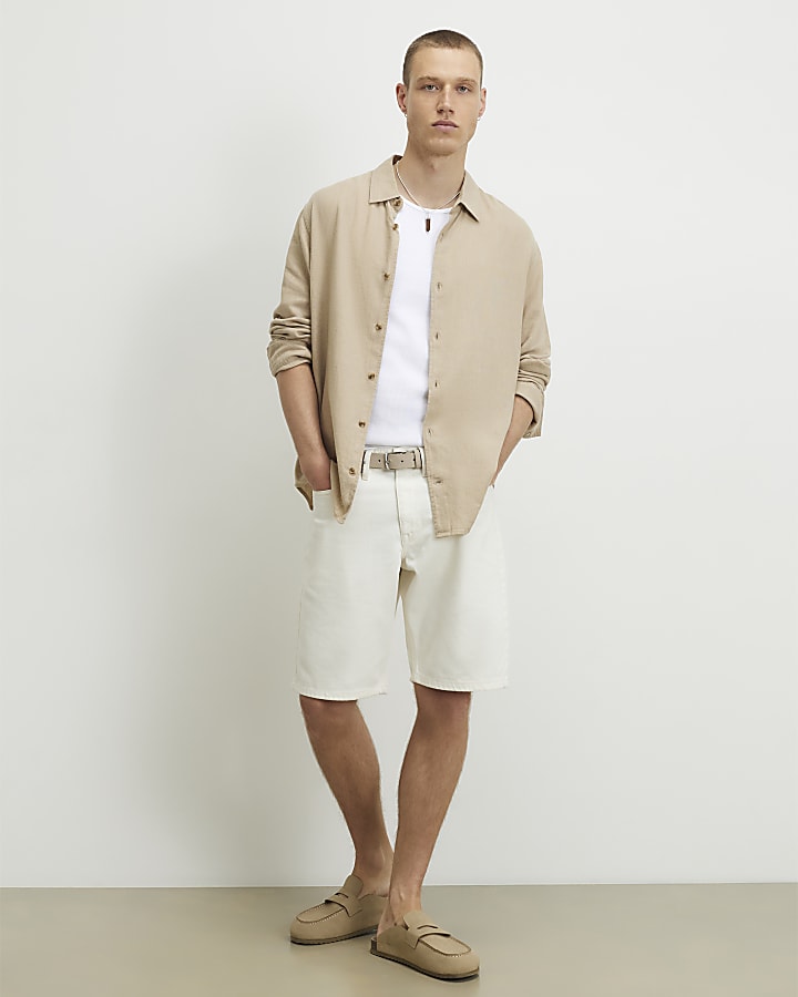 Cream Regular Fit Denim Shorts