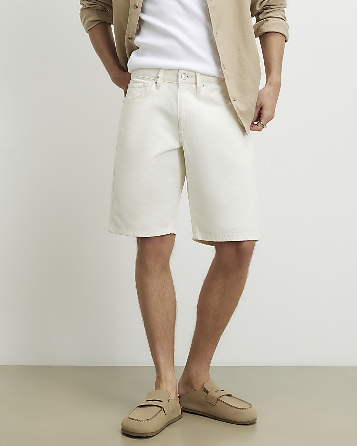 Cream Regular Fit Denim Shorts