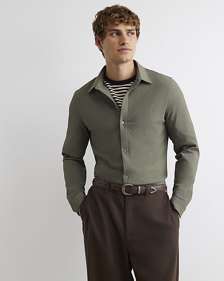 Khaki Muscle Fit Ribbed Shirt