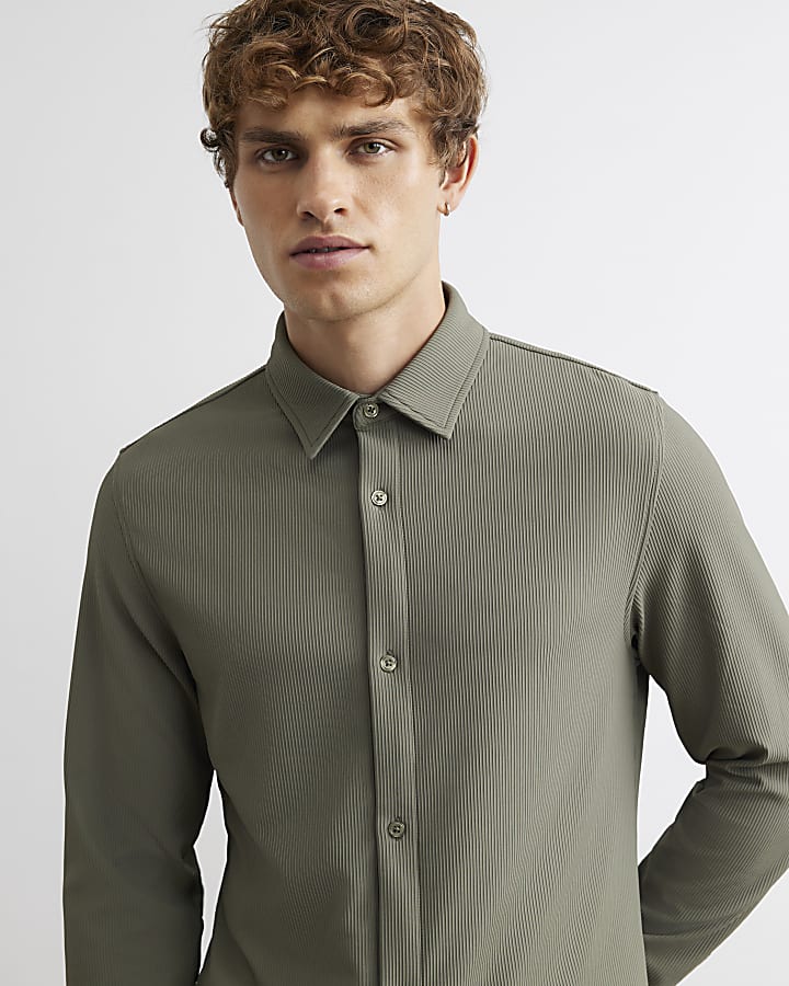 Khaki Muscle Fit Ribbed Shirt