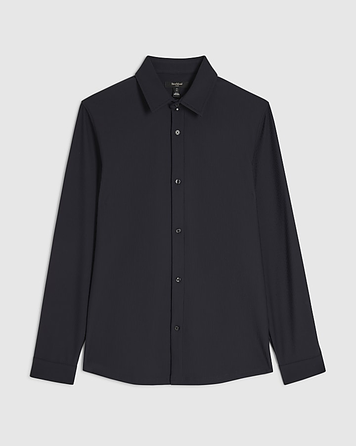Black Muscle Fit Ribbed Long Sleeve Shirt