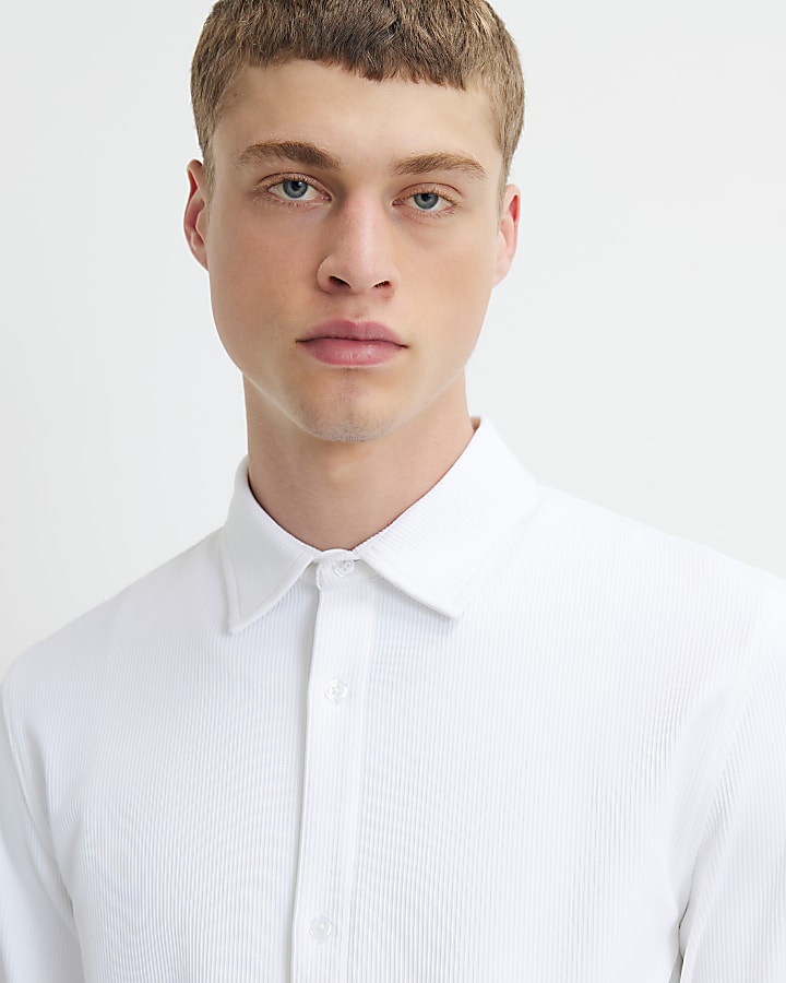 White Muscle Fit Ribbed Long Sleeve Shirt