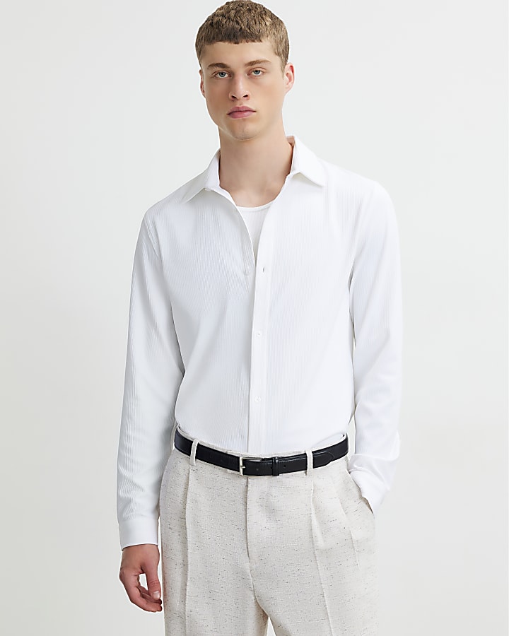 White Muscle Fit Ribbed Long Sleeve Shirt