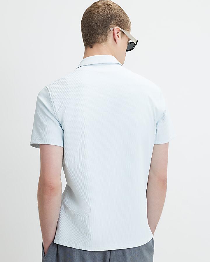 Blue Muscle Fit Ribbed Short Sleeve Shirt