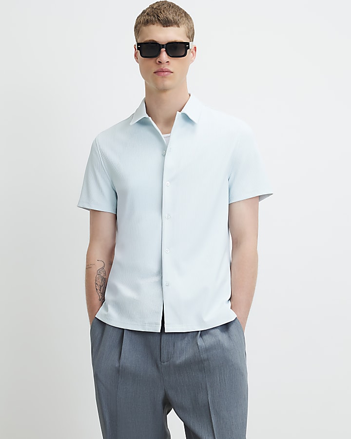 Blue Muscle Fit Ribbed Short Sleeve Shirt