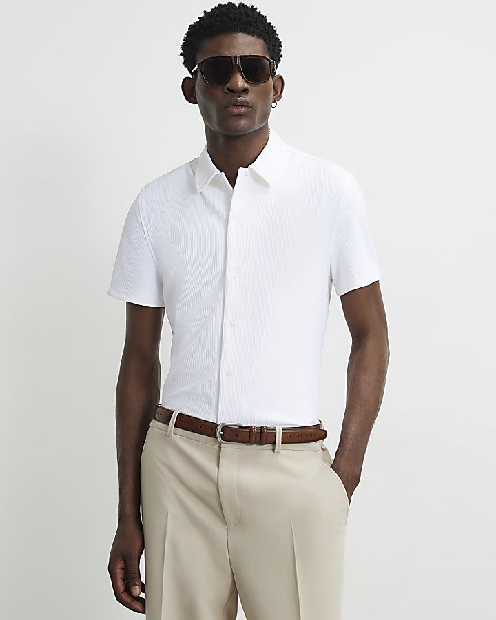 White Muscle Fit Short Sleeve Ribbed Shirt