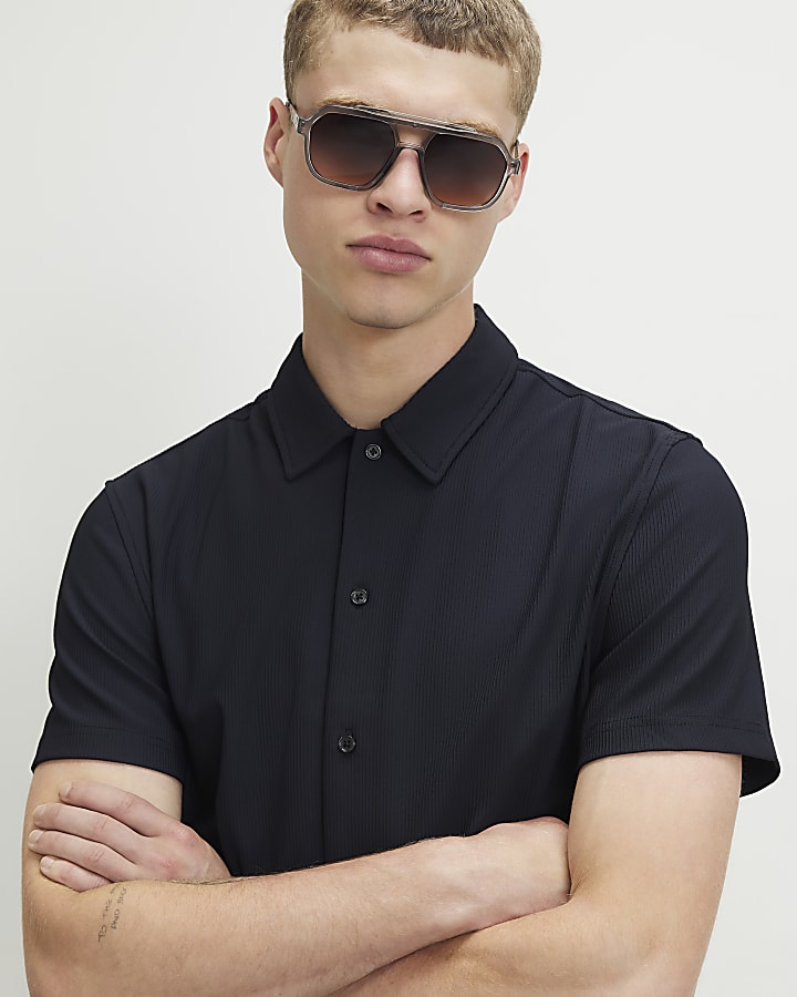 Black Muscle Fit Ribbed Shirt