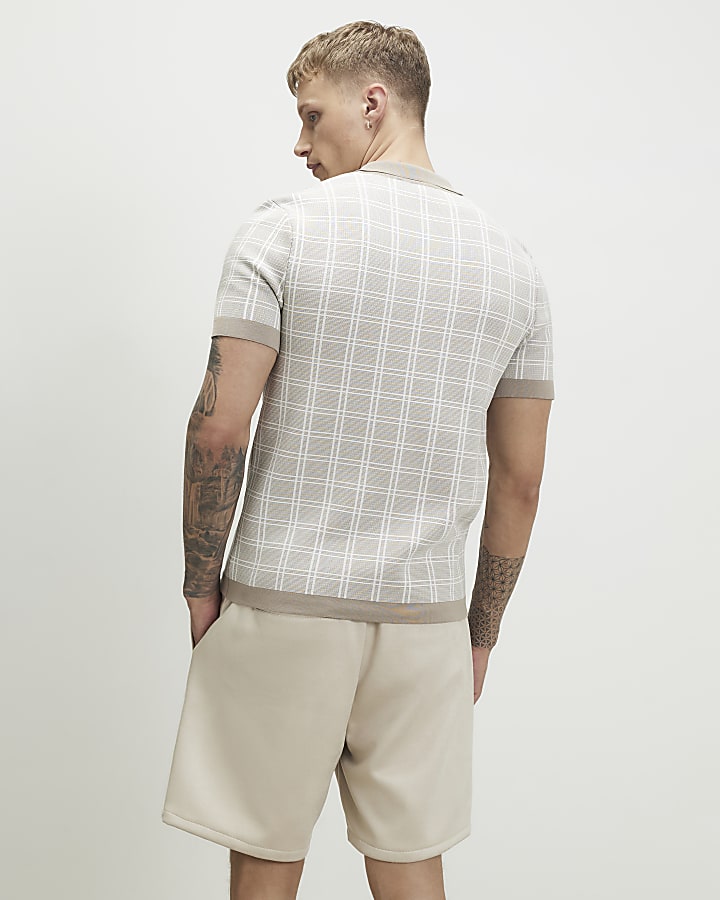 Beige Short Sleeve Checked Knit Polo Shirt