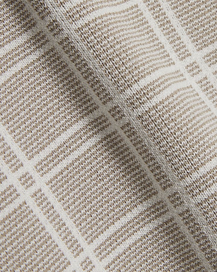 Beige Short Sleeve Checked Knit Polo Shirt