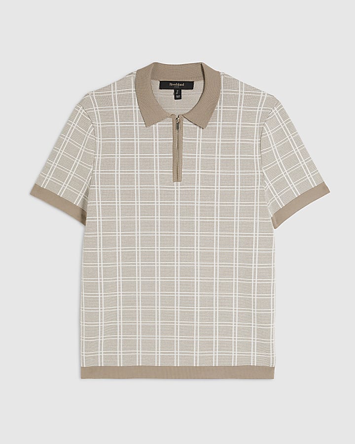 Beige Short Sleeve Checked Knit Polo Shirt