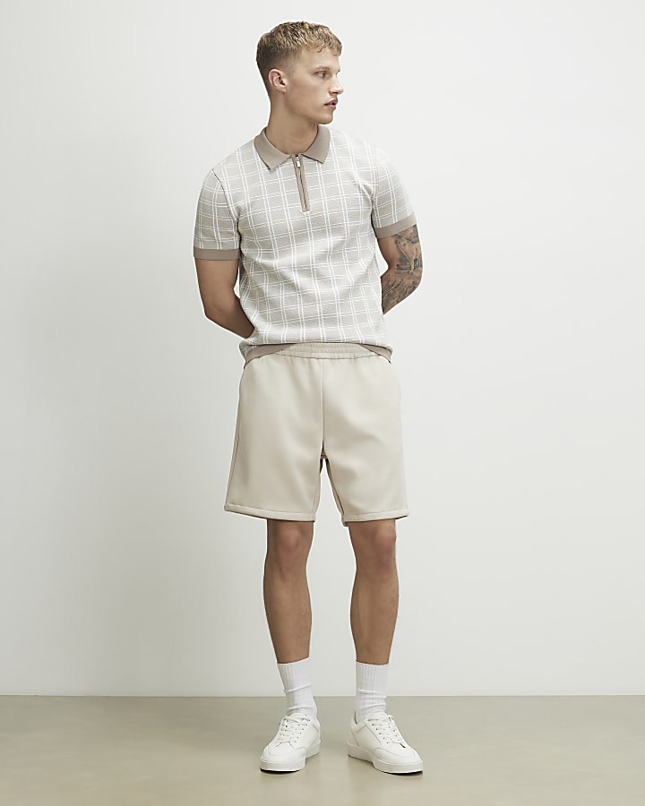 Beige Short Sleeve Checked Knit Polo Shirt