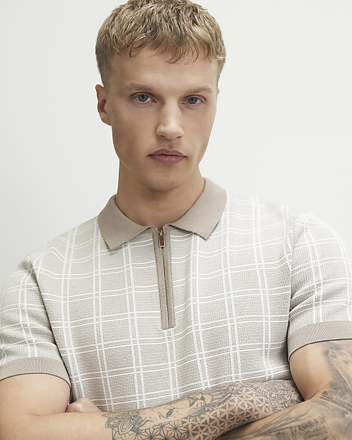 Beige Short Sleeve Checked Knit Polo Shirt