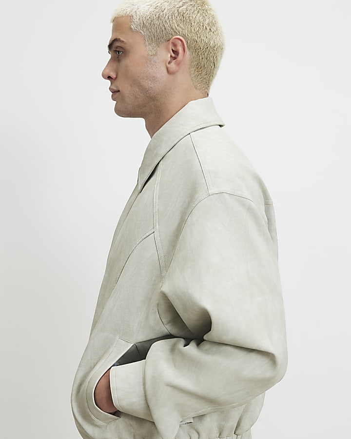 Grey Faux Leather Washed Jacket