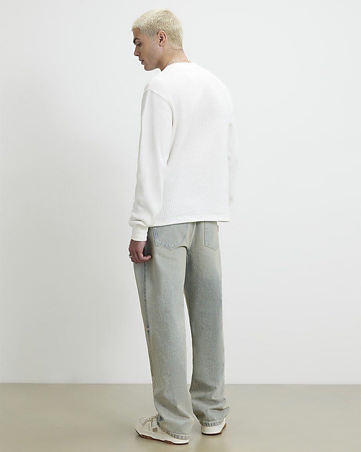 Blue Belted Loose Fit Washed Jeans