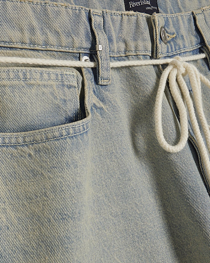 Blue Belted Loose Fit Washed Jeans