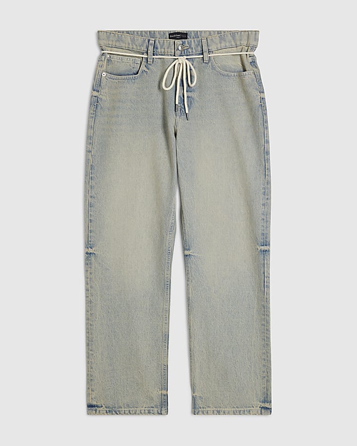 Blue Belted Loose Fit Washed Jeans