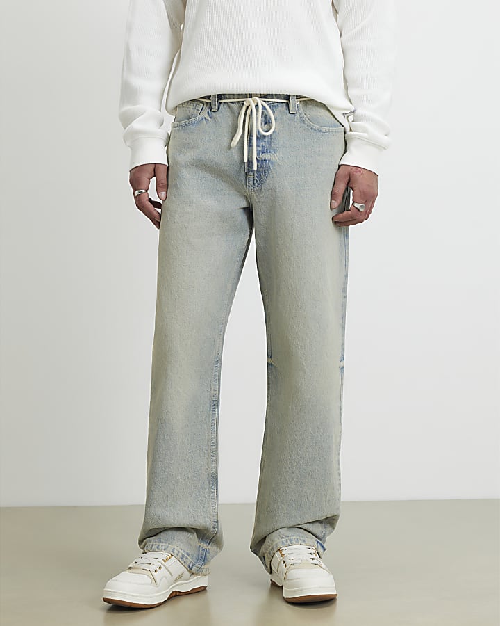 Blue Belted Loose Fit Washed Jeans