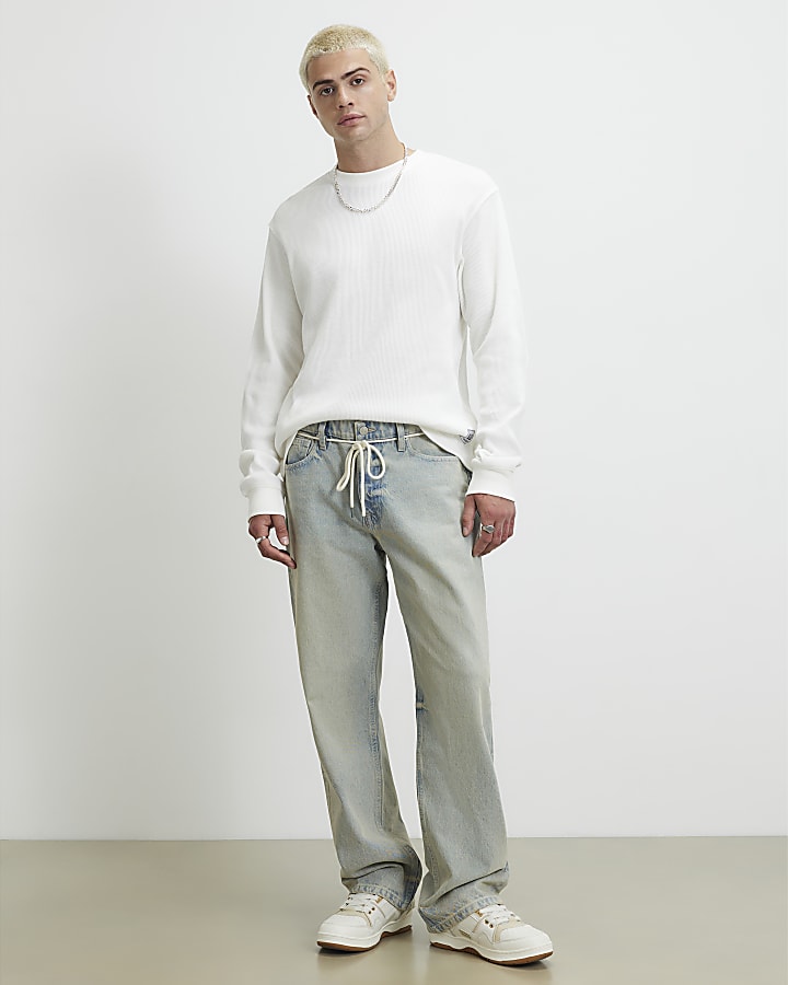 Blue Belted Loose Fit Washed Jeans
