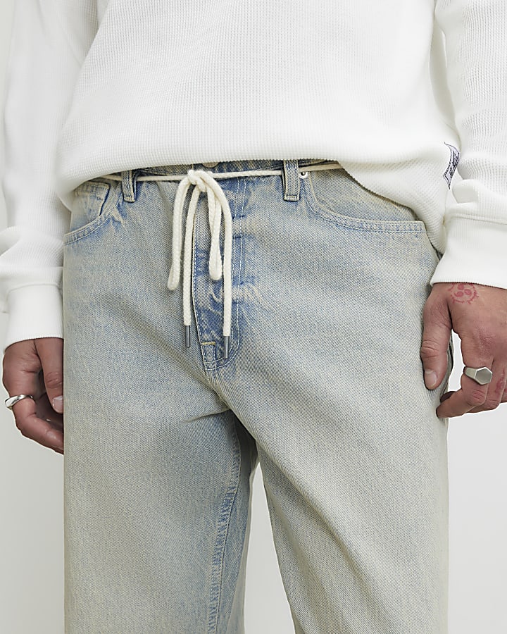 Blue Belted Loose Fit Washed Jeans