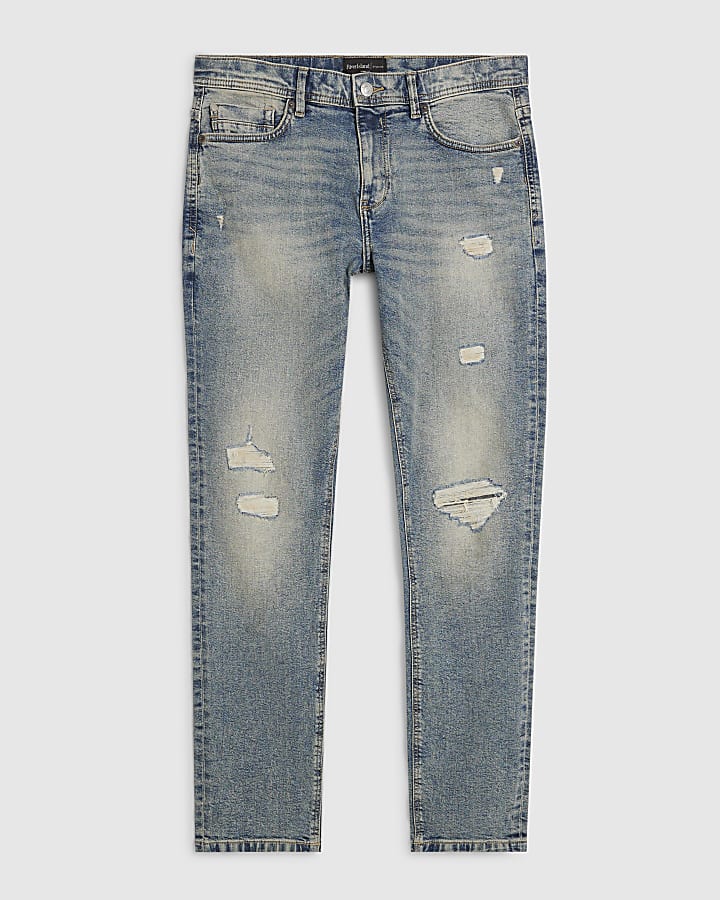 Blue Skinny Fit Washed Ripped Jeans