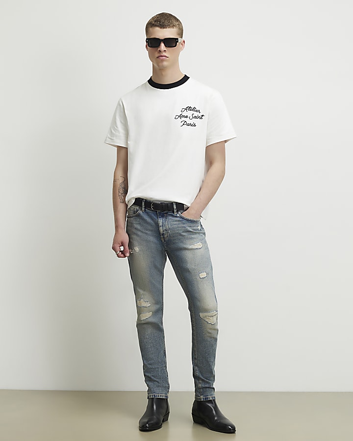Blue Skinny Fit Washed Ripped Jeans