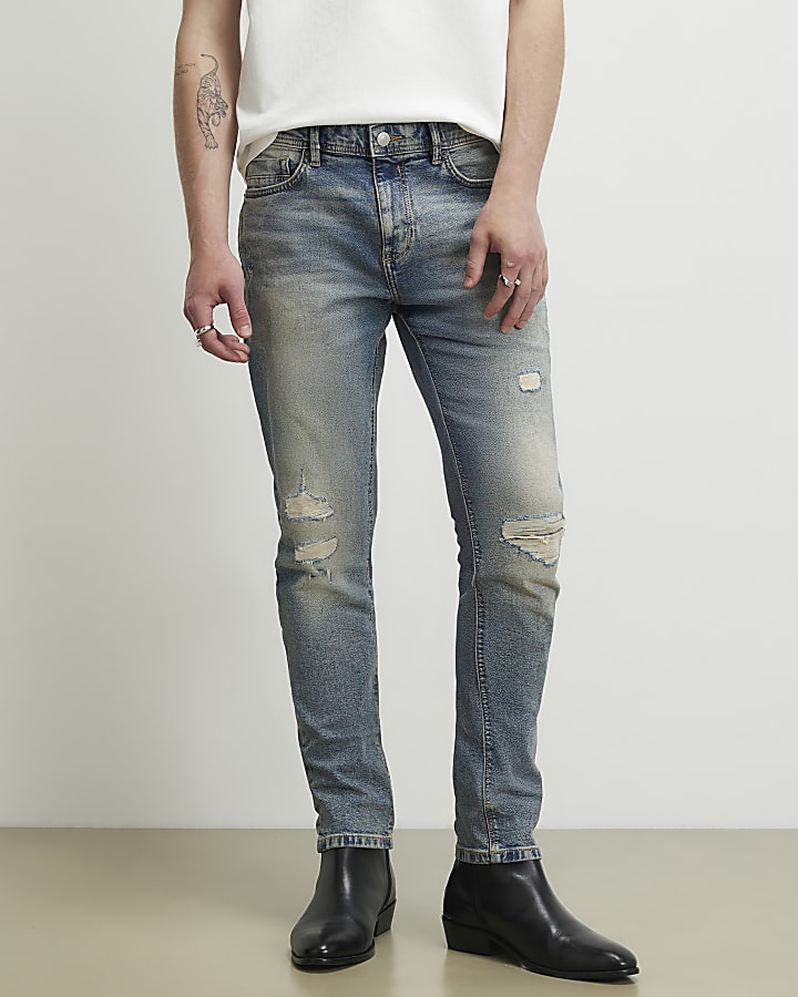 Blue Skinny Fit Washed Ripped Jeans