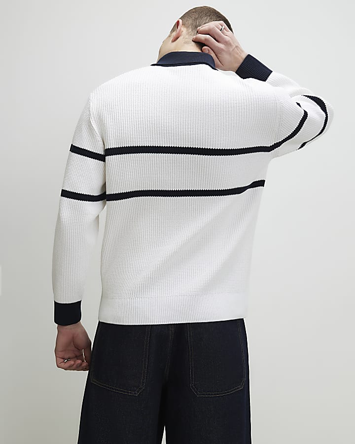 Cream Slim Fit Waffle Knit Stripe Jumper