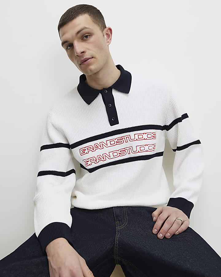 Cream Slim Fit Waffle Knit Stripe Jumper