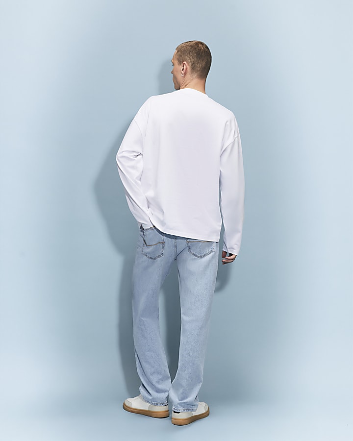 Blue Straight Leg Linen Blend Jeans
