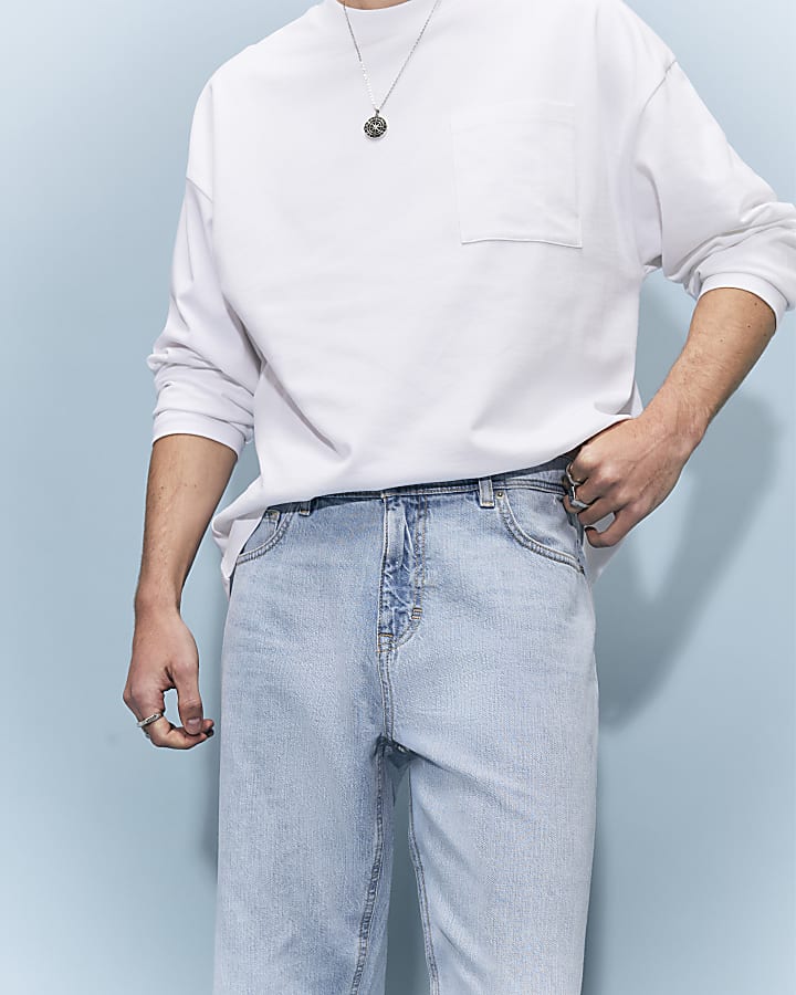 Blue Straight Leg Linen Blend Jeans
