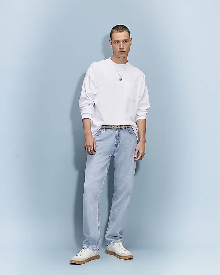 Blue Straight Leg Linen Blend Jeans