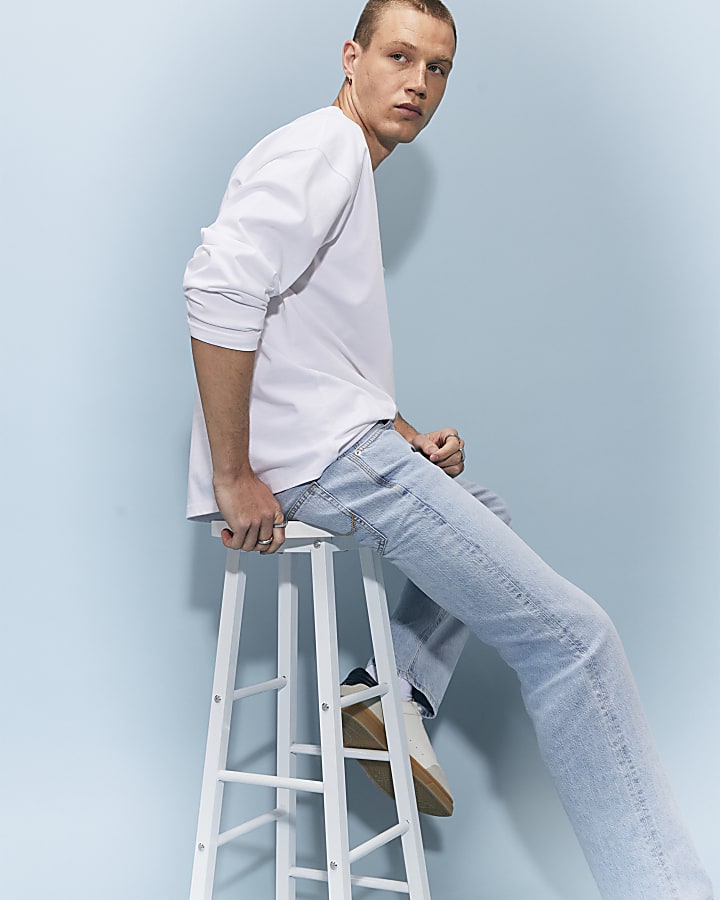 Blue Straight Leg Linen Blend Jeans