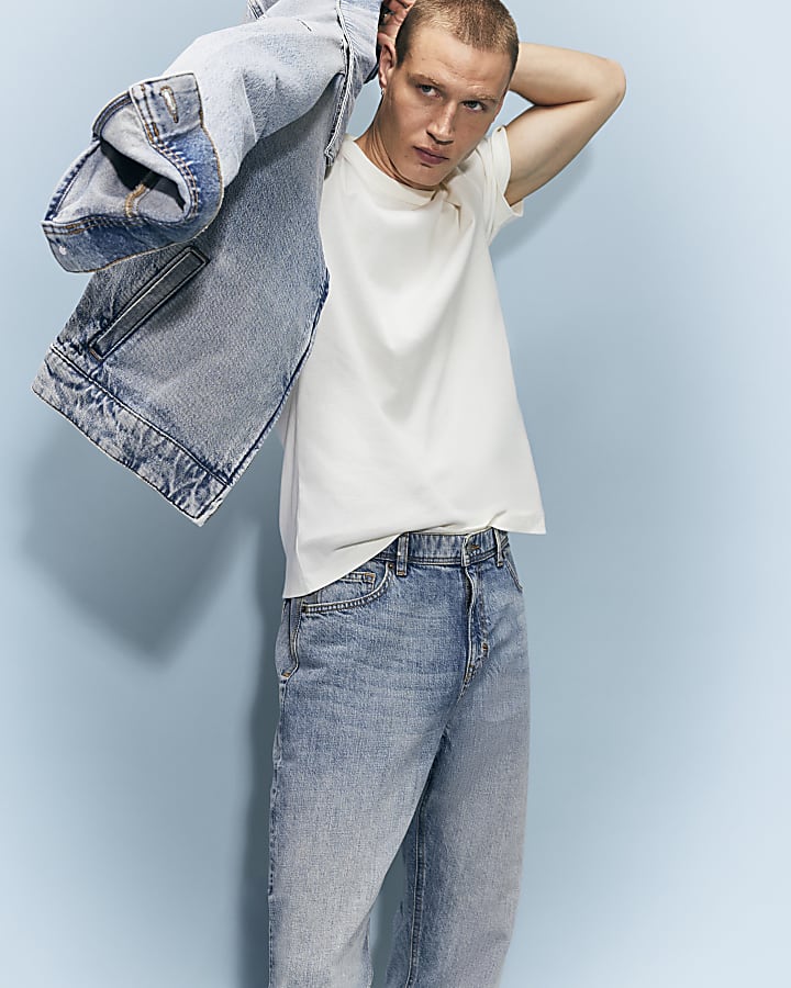 Blue Straight Leg Linen Blend Jeans