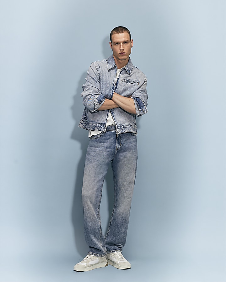Blue Straight Leg Linen Blend Jeans