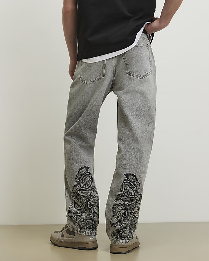 Grey Loose Fit Embroidered Jeans